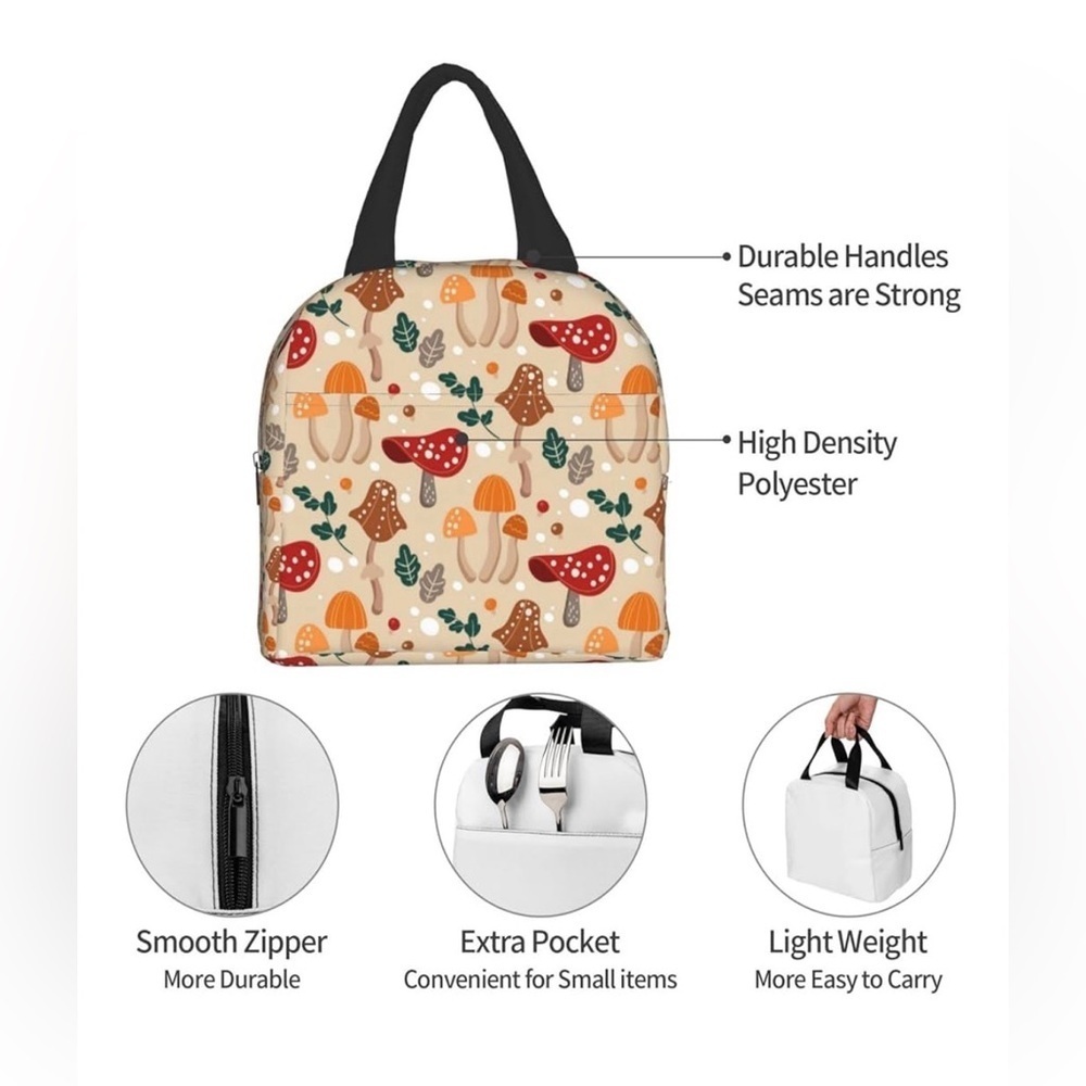 Insulated Lunch Picnic Bag Mushroom Print Red Beige Orange Lunchbox Cooler Tote - Picture 6 of 14